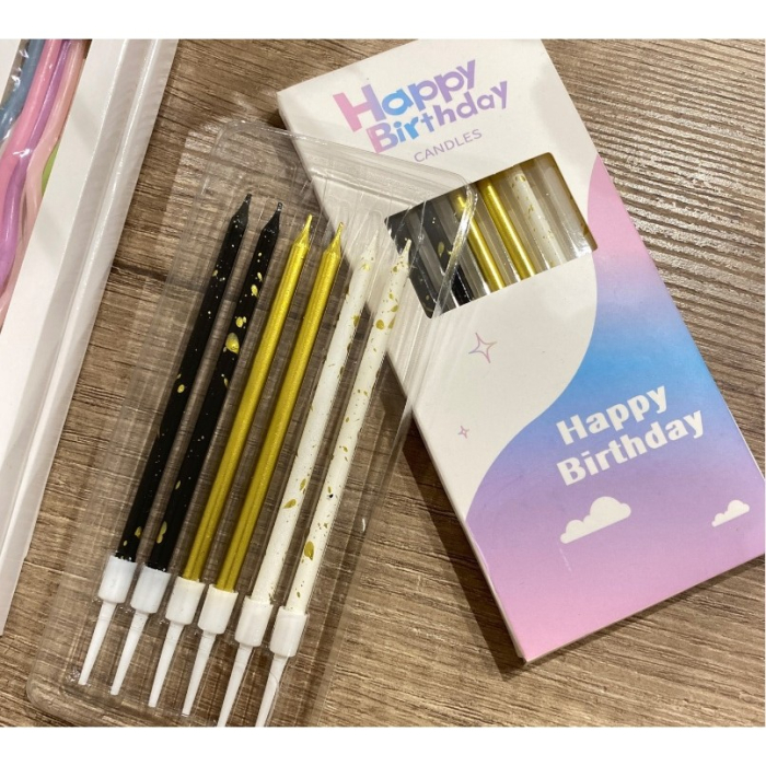 Set 6 Lumanari Lungi, , din Parafina, 10 x 0.5 cm, Happy Birthday, Alb/Negru/Auriu [7]