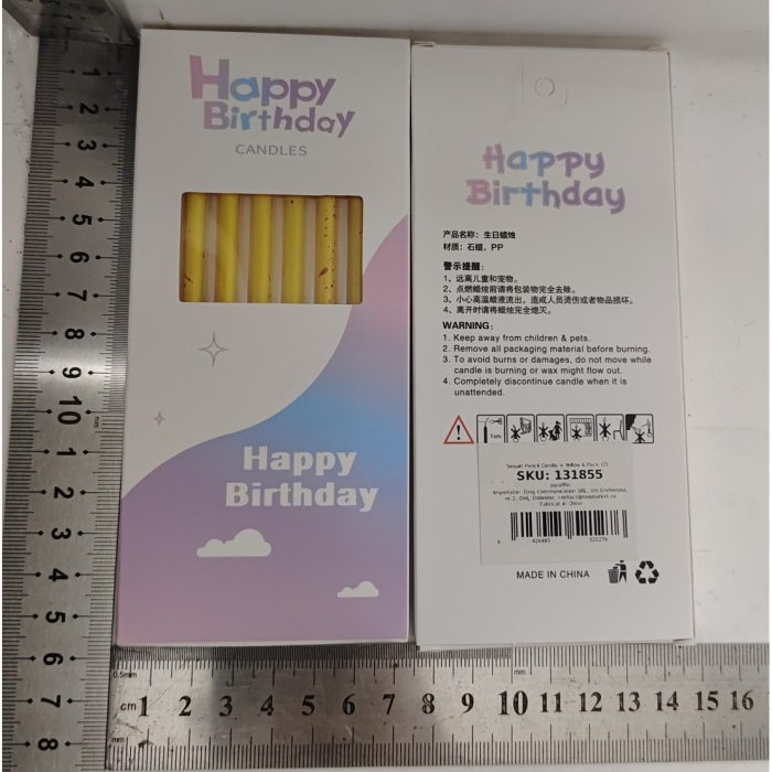 Set 6 Lumanari Lungi, , din Parafina, 10 x 0.5 cm, Happy Birthday, Galben [5]