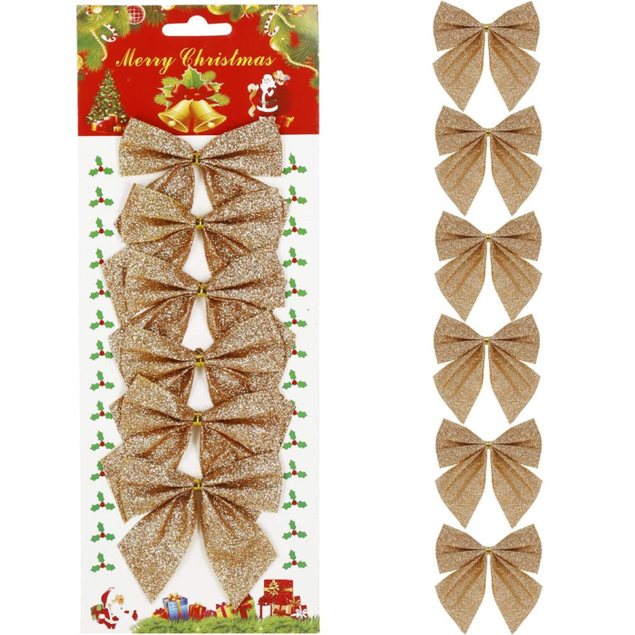 Set 6 ornamente pentru bradul de Craciun, fundita, 8cm, auriu [3]