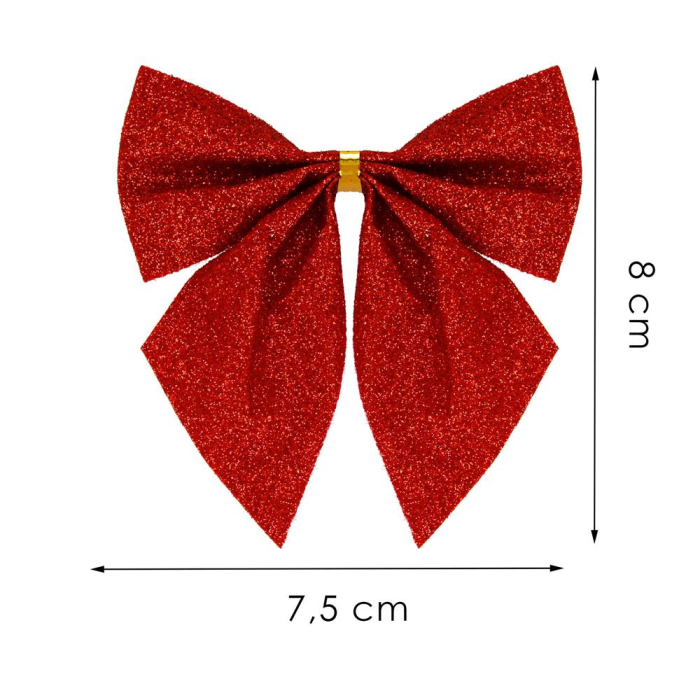 Set 6 ornamente pentru bradul de Craciun, fundita, 8cm, rosu cu sclipici [6]