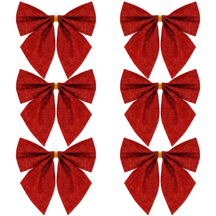 Set 6 ornamente pentru bradul de Craciun, fundita, 8cm, rosu cu sclipici [1]