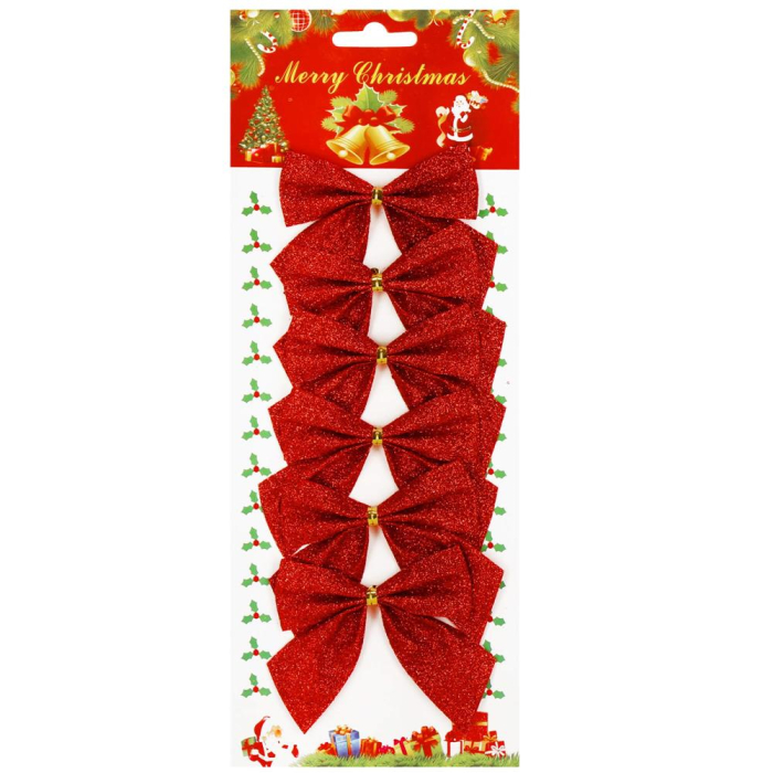 Set 6 ornamente pentru bradul de Craciun, fundita, 8cm, rosu cu sclipici [3]