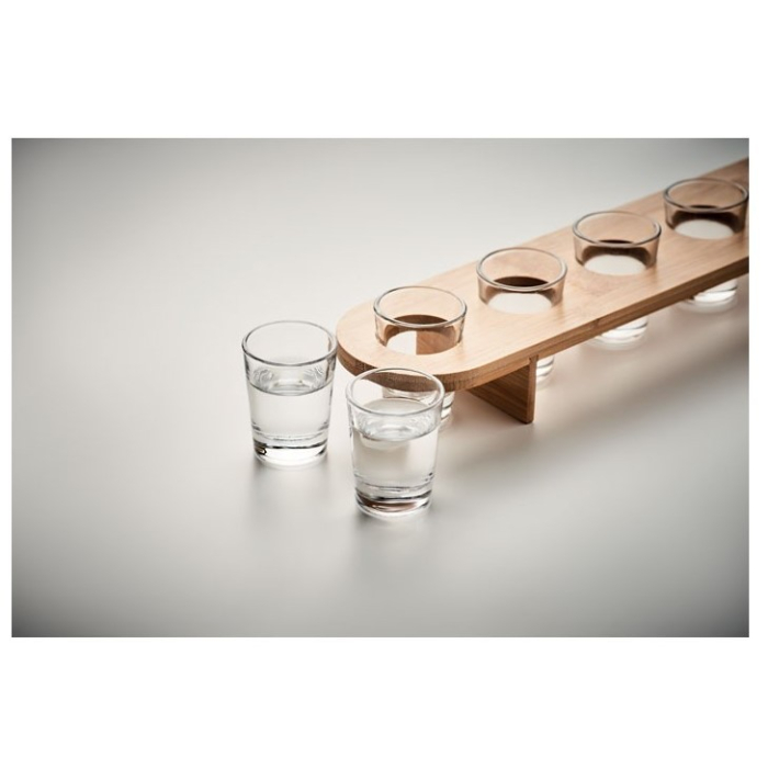 Set 6 Pahare Shot din Sticla , cu Suport din Lemn, Design Rustic, 49.5 x 7 x 6.5 cm, Maro [5]