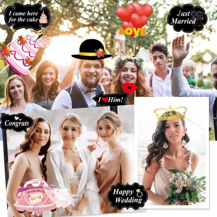 Set 60 de Accesorii pentru Petrecere, , Tematica Nunta, Props pentru Coltul de Poze, Ochelari, Palarii, Mustata, Cravata, pentru Evenimente, Multicolor [4]