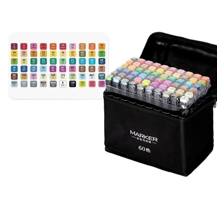 Set 60 Markere, , pe Baza de Ulei, Dublu Capat, Subtire 1mm si Gros 6 mm, Geanta Depozitare, 15 cm, Multicolor [1]