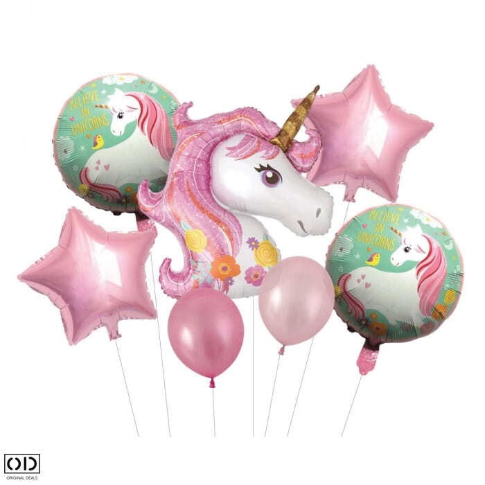 Set 7 Baloane Unicorn si Stelute pentru Copii, Pentru Petreceri, Compatibil Heliu sau Aer [1]