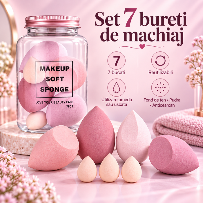 Set 7 Bureti de Machiaj ORIGINAL DEALS, Forme Mixte, Poliuretan Hidrofil, Nuante Roz [4]