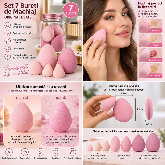 Set 7 Bureti de Machiaj ORIGINAL DEALS, Forme Mixte, Poliuretan Hidrofil, Nuante Roz [6]