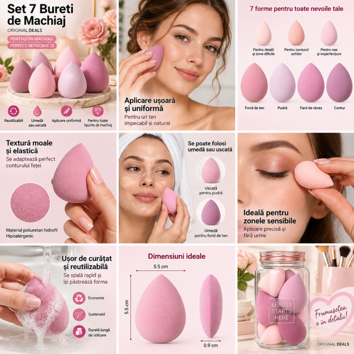 Set 7 Bureti de Machiaj ORIGINAL DEALS, Forme Mixte, Poliuretan Hidrofil, Nuante Roz [3]