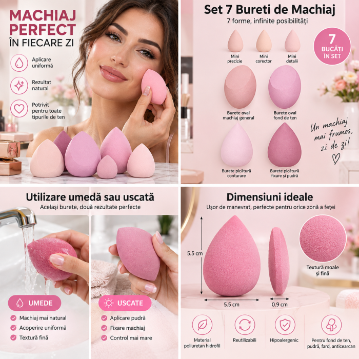 Set 7 Bureti de Machiaj ORIGINAL DEALS, Forme Mixte, Poliuretan Hidrofil, Nuante Roz [7]