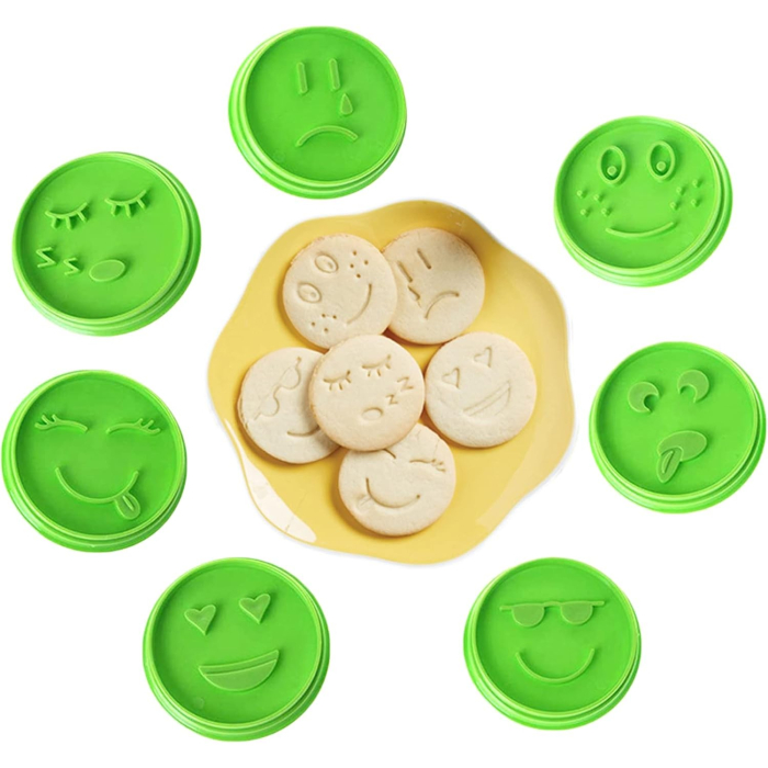 Set 7 Forme de Prajituri, , Model Emoticoane Smiley Face, Diferite Expresii, 7.7 x 1.5 cm, din PP, Verde [5]