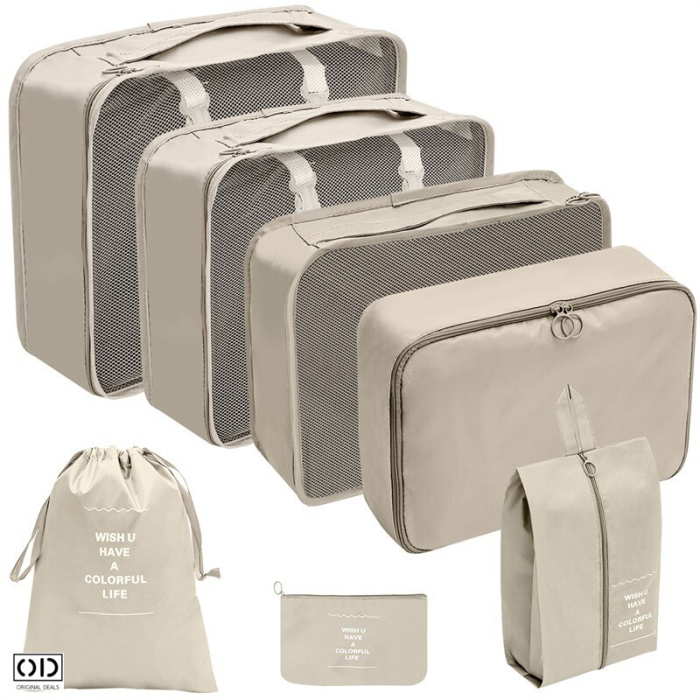 Set 7 organizatoare bagaj ORIGINAL DEALS, genti voiaj bej din nylon cu plasa, fermoare si piese pentru haine si incaltaminte [10]