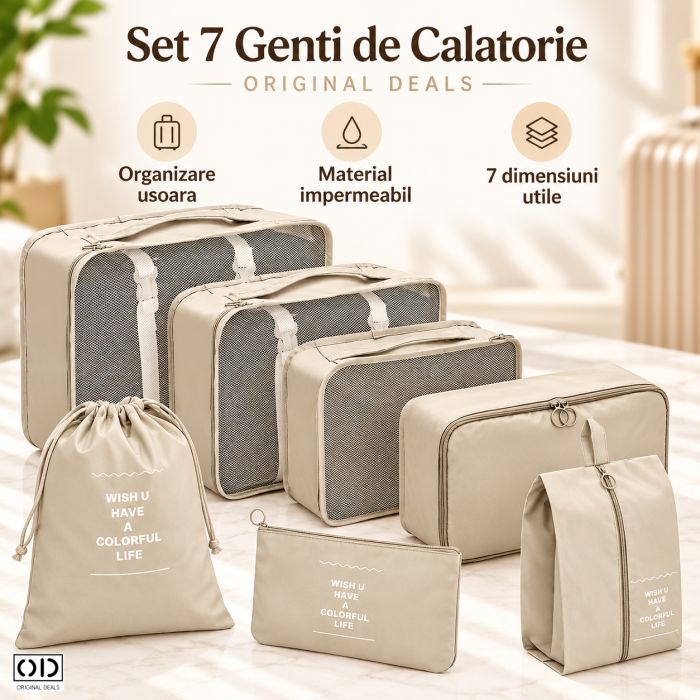 Set 7 organizatoare bagaj ORIGINAL DEALS, genti voiaj bej din nylon cu plasa, fermoare si piese pentru haine si incaltaminte [2]