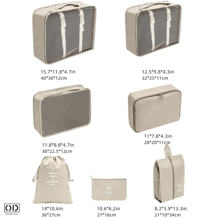 Set 7 organizatoare bagaj ORIGINAL DEALS, genti voiaj bej din nylon cu plasa, fermoare si piese pentru haine si incaltaminte [9]