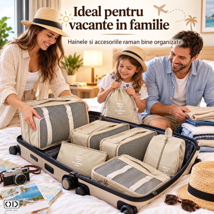 Set 7 organizatoare bagaj ORIGINAL DEALS, genti voiaj bej din nylon cu plasa, fermoare si piese pentru haine si incaltaminte [5]