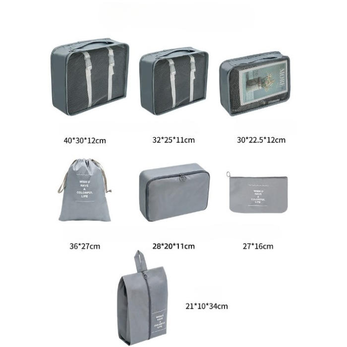 Set 7 Genti de Calatorie, , pentru Depozitare, Compresibile, 7 Dimensiuni, Impermeabile, Design cu Plasa, Pliabile, Manere Robuste, Fermoar dublu, Gri [6]