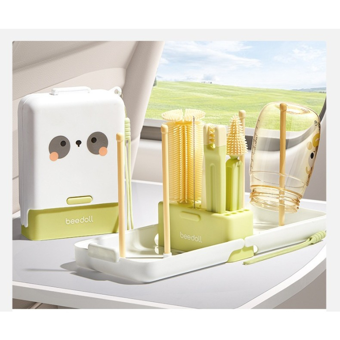 Set 7 Piese de Spalat/Uscat Biberoane, , Portabil, Peri de Silicon, pentru Tetine, Suzete, Biberoane, Paie, Cutie Inclusa, 16.8 x 12 x 5 cm, Model Panda, Verde [6]