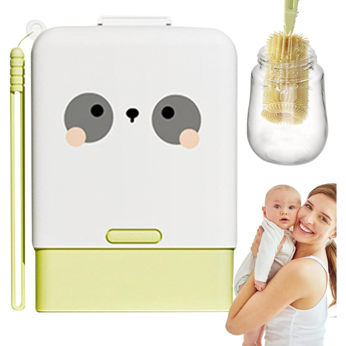 Set 7 Piese de Spalat/Uscat Biberoane, , Portabil, Peri de Silicon, pentru Tetine, Suzete, Biberoane, Paie, Cutie Inclusa, 16.8 x 12 x 5 cm, Model Panda, Verde [3]