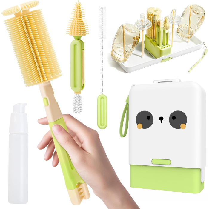 Set 7 Piese de Spalat/Uscat Biberoane, , Portabil, Peri de Silicon, pentru Tetine, Suzete, Biberoane, Paie, Cutie Inclusa, 16.8 x 12 x 5 cm, Model Panda, Verde [2]