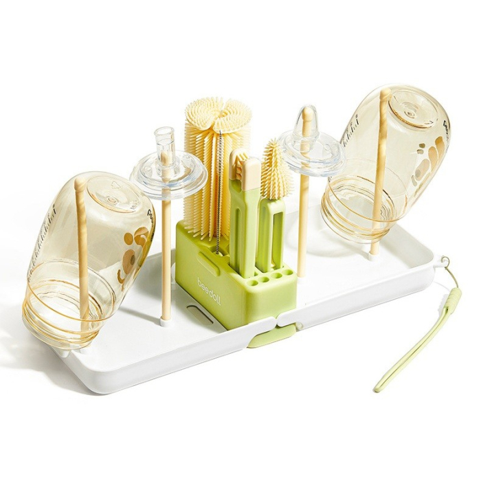 Set 7 Piese de Spalat/Uscat Biberoane, , Portabil, Peri de Silicon, pentru Tetine, Suzete, Biberoane, Paie, Cutie Inclusa, 16.8 x 12 x 5 cm, Model Panda, Verde [4]