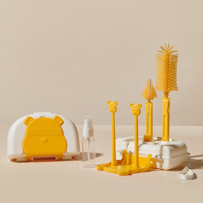 Set 7 Piese de Spalat/Uscat Biberoane, , Portabil, Peri de Silicon, pentru Tetine, Suzete, Biberoane, Paie, Cutie Inclusa, 16 x 11 x 5 cm, Model Ursulet, Galben [5]
