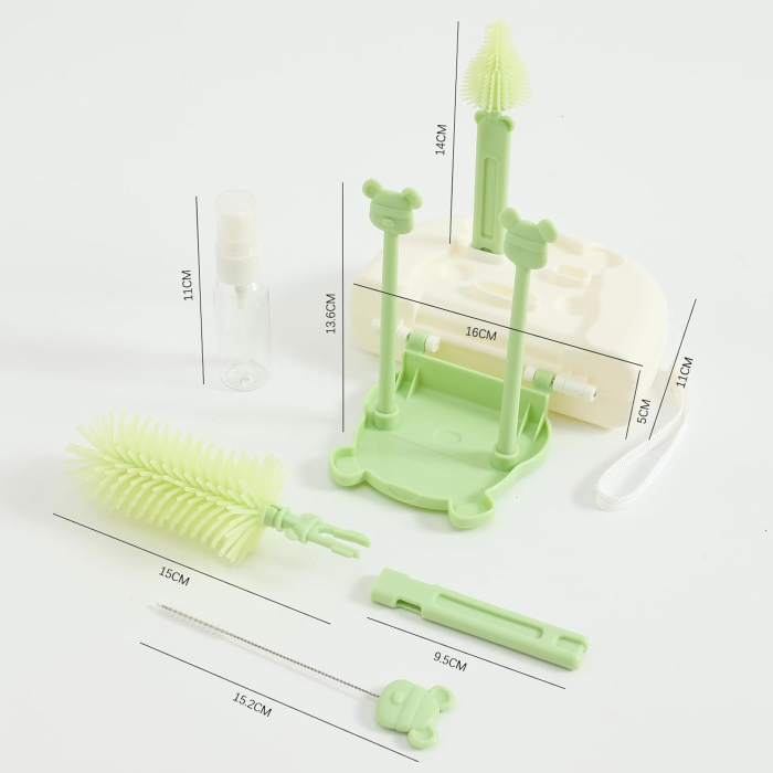 Set 7 Piese de Spalat/Uscat Biberoane, , Portabil, Peri de Silicon, pentru Tetine, Suzete, Biberoane, Paie, Cutie Inclusa, 16 x 11 x 5 cm, Model Ursulet, Verde [4]
