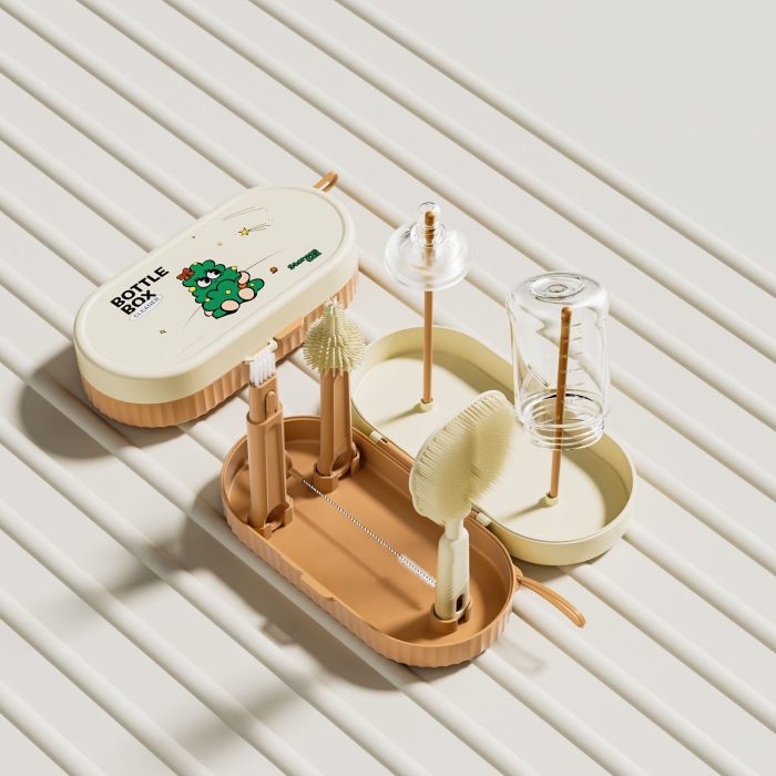 Set 7 Piese de Spalat/Uscat Biberoane, , Portabil, Peri de Silicon, pentru Tetine, Suzete, Biberoane, Paie, Cutie Inclusa, 20 x 9.5 cm, Portocaliu [6]