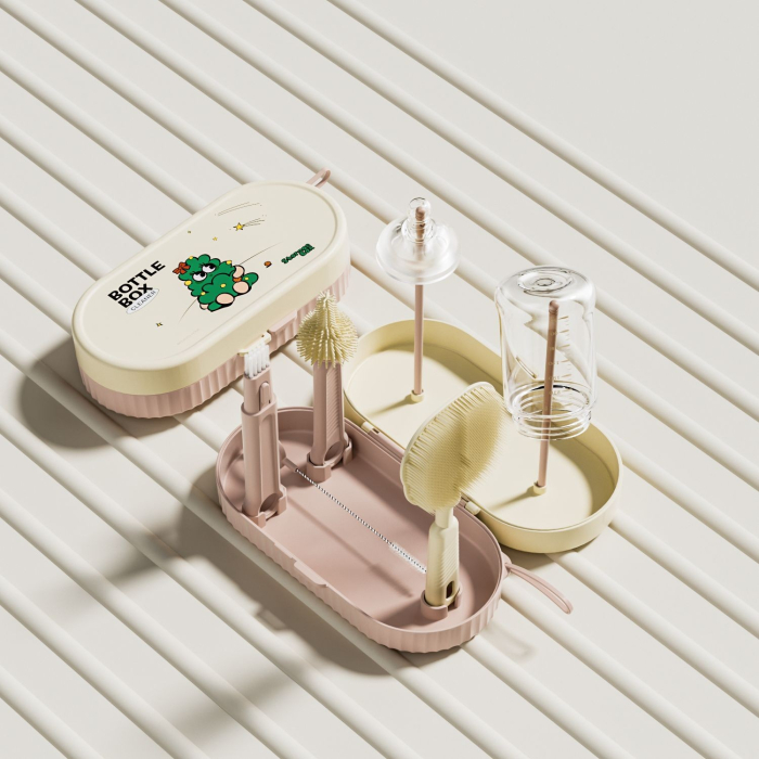 Set 7 Piese de Spalat/Uscat Biberoane, , Portabil, Peri de Silicon, pentru Tetine, Suzete, Biberoane, Paie, Cutie Inclusa, 20 x 9.5 cm, Roz [6]