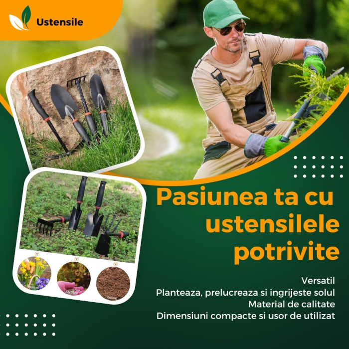 Set 7 Unelte de Gradina , pentru Plantare Prelucrare Sol si Ingrijire Plante, Material PVC si cardboard, 31.5 x 8 cm, negru [3]