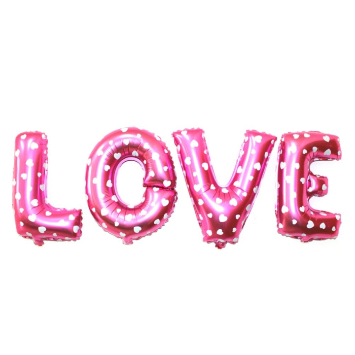 Set 8 Baloane din Folie Metalizata, Figurine Litere, Model I Love You, Tema Ziua Indragostitilor, 40 cm, Ambalaj Individual, Pai Inclus, Umflare cu Aer sau Heliu, Roz cu Inimioare Albe [4]