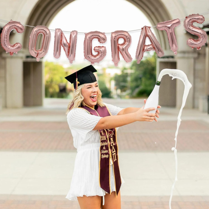 Set 8 Baloane din Folie Metalizata, , Model Scris Congrats, Litere de 40 cm, Tema Absolvire, Baloane Party, Ambalaj Individual, Pai Inclus, Umflare cu Aer sau Heliu, Roz [2]