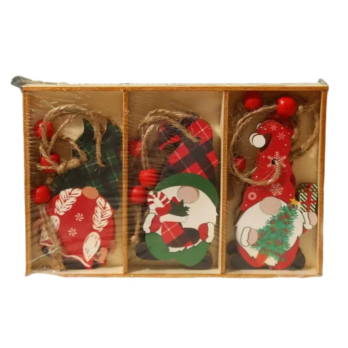 Set 9 Decoratiuni de Craciun din Lemn, , cu Snur pentru Agatare in Brad, Model Mos Craciun Pitic Diferite Dimensiuni, 3 Modele, Multicolor [1]