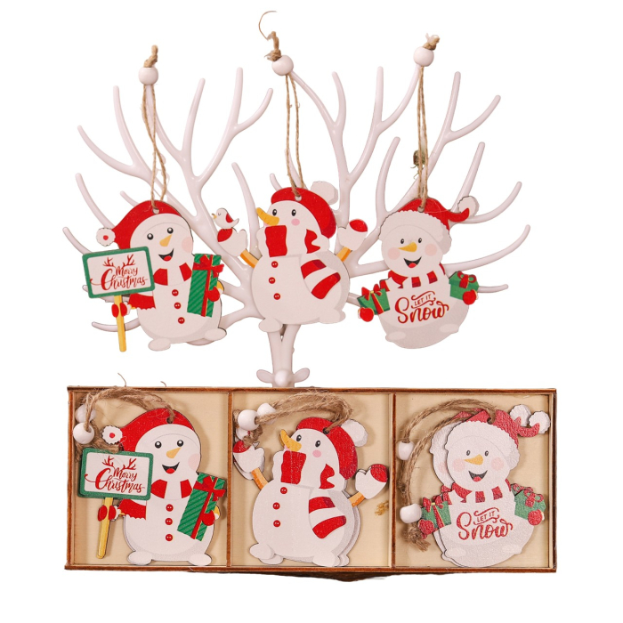 Set 9 Decoratiuni de Craciun din Lemn, , cu Snur pentru Agatare in Brad, Model Oameni de Zapada, 3 Modele, Diferite Dimensiuni, Multicolor [1]