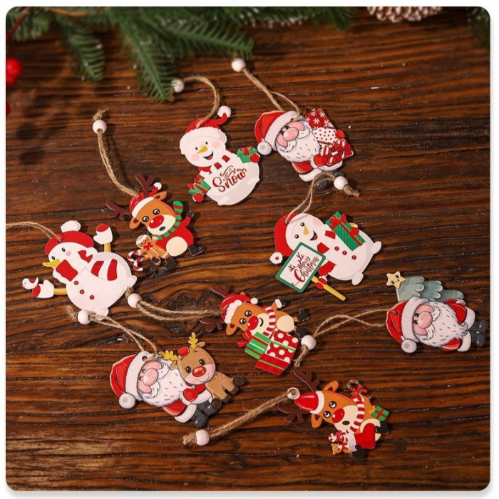 Set 9 Decoratiuni de Craciun din Lemn, , cu Snur pentru Agatare in Brad, Model Oameni de Zapada, 3 Modele, Diferite Dimensiuni, Multicolor [2]