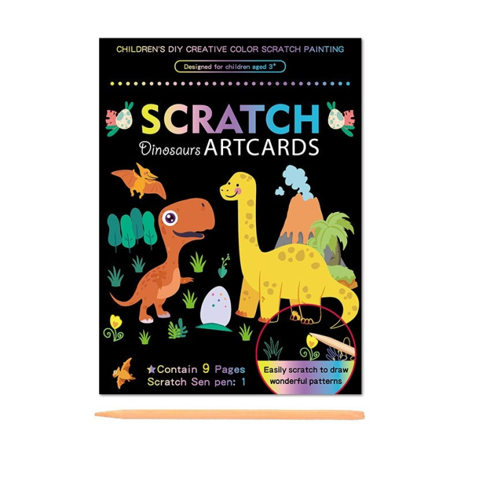 Set 9 Planse Razuibile, , Scratch ArtCards, +3 Ani, de Razuit si de Colorat, 19 x 14 cm, Model Dinozauri, Multicolor [1]