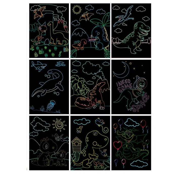 Set 9 Planse Razuibile, , Scratch ArtCards, +3 Ani, de Razuit si de Colorat, 19 x 14 cm, Model Dinozauri, Multicolor [2]