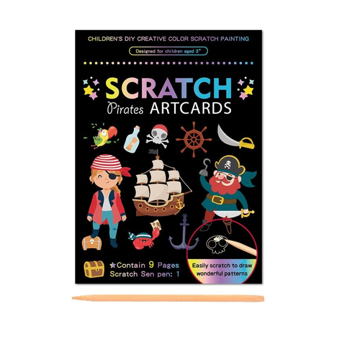 Set 9 Planse Razuibile, , Scratch ArtCards, +3 Ani, de Razuit si de Colorat, 19 x 14 cm, Model Pirati, Multicolor [1]