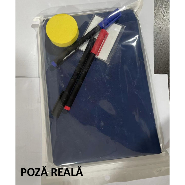 Set Agenda A5 Reutilizabila cu Pagini Tip Tabla, Agenda Pagini Albe cu Stergere Uscata, 3 Markere, 1 Burete și 1 Laveta de sters, Portabila, 24 x 16.5 cm, Coperta Piele, Albastru [6]
