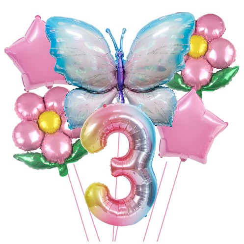 Set baloane aniversare cu numere, din folie de aluminiu, 6 piese, 2 flori, 2 stelute, 1 fluture, 1 cifra, Multicolor, Cifra 3 [1]