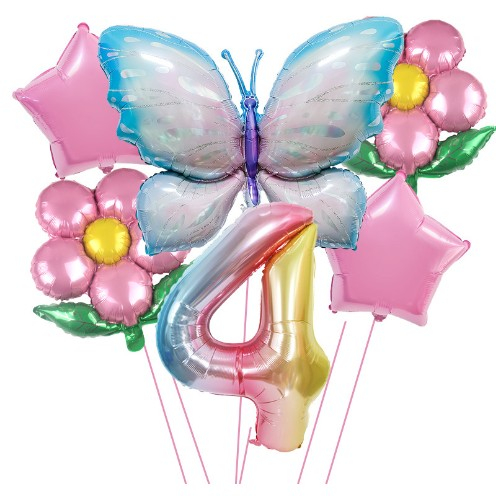 Set baloane aniversare cu numere, din folie de aluminiu, 6 piese, 2 flori, 2 stelute, 1 fluture, 1 cifra, Multicolor, Cifra 4 [1]