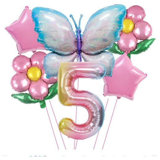 Set baloane aniversare cu numere, din folie de aluminiu, 6 piese, 2 flori, 2 stelute, 1 fluture, 1 cifra, Multicolor, Cifra 5 [1]