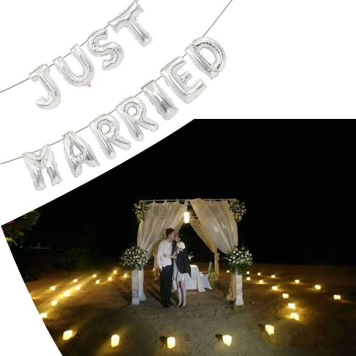 Set Baloane din Folie Metalizata, , Figurine Litere, Model Just Married, Tema Nunta, 40 cm, Baloane Party, Ambalaj Individual, Pai inclus, Umflare cu Aer sau Heliu, Argintiu [5]