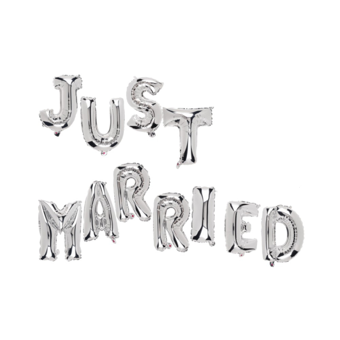 Set Baloane din Folie Metalizata, , Figurine Litere, Model Just Married, Tema Nunta, 40 cm, Baloane Party, Ambalaj Individual, Pai inclus, Umflare cu Aer sau Heliu, Argintiu [3]
