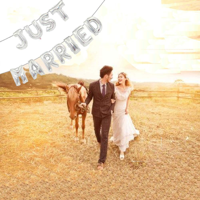 Set Baloane din Folie Metalizata, , Figurine Litere, Model Just Married, Tema Nunta, 40 cm, Baloane Party, Ambalaj Individual, Pai inclus, Umflare cu Aer sau Heliu, Argintiu [4]