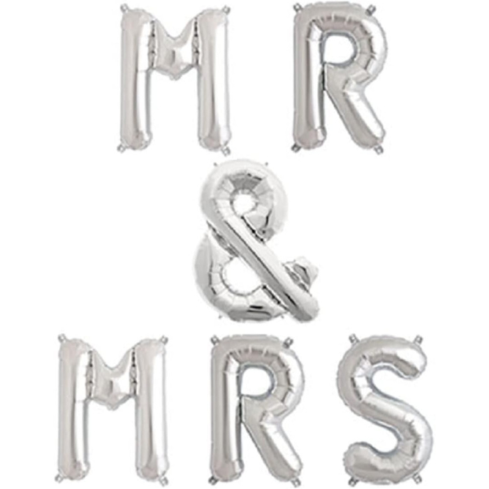 Set Baloane din Folie Metalizata, , Figurine Litere, Model MR&MRS, Tema Nunta, 40 cm, Baloane Party, Ambalaj Individual, Pai inclus, Umflare cu Aer sau Heliu, Argintiu [3]