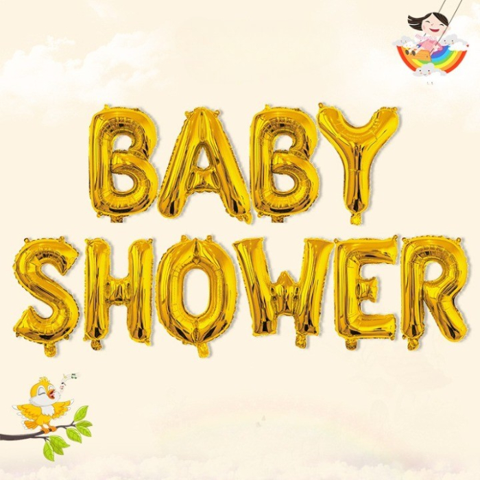 Set Baloane din Folie Metalizata, , Model Baby Shower, Litere de 40 cm, Baloane Party, Ambalaj Individual, Pai, Ata si Adeziv Incluse, Umflare cu Aer sau Heliu, Auriu [3]