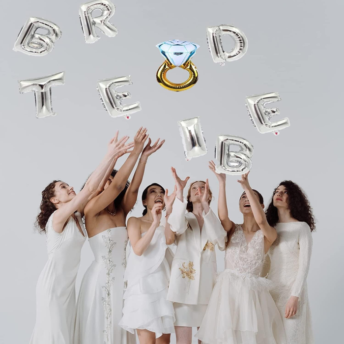 Set Baloane din Folie Metalizata, , Model Bride to Be cu Inel de Logodna, Litere de 40 cm, Baloane Party, Ambalaj Individual, Pai Inclus, Umflare cu Aer sau Heliu, Argintiu [3]