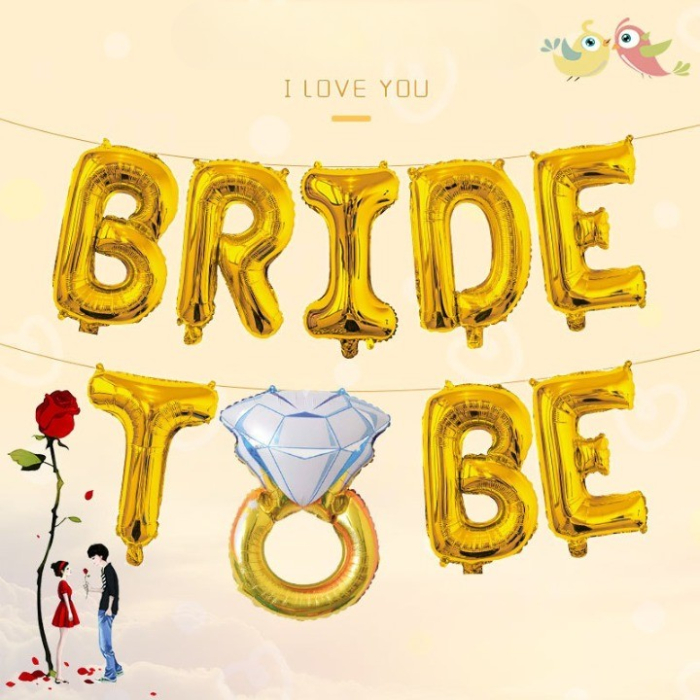Set Baloane din Folie Metalizata, , Model Bride to Be cu Inel de Logodna, Litere de 40 cm, Baloane Party, Ambalaj Individual, Pai Inclus, Umflare cu Aer sau Heliu, Auriu [7]