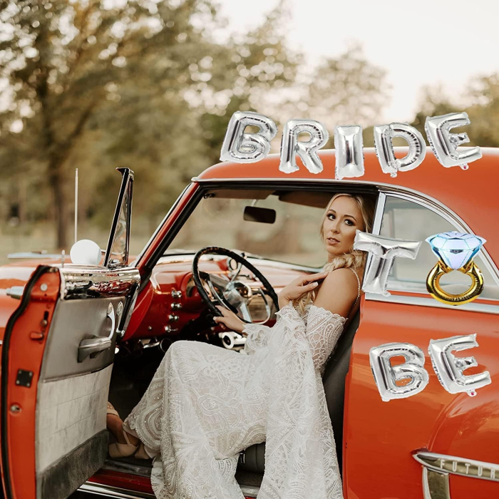 Set Baloane din Folie Metalizata, , Model Bride to Be cu Inel de Logodna, Litere de 40 cm, Baloane Party, Ambalaj Individual, Pai Inclus, Umflare cu Aer sau Heliu, Argintiu [4]