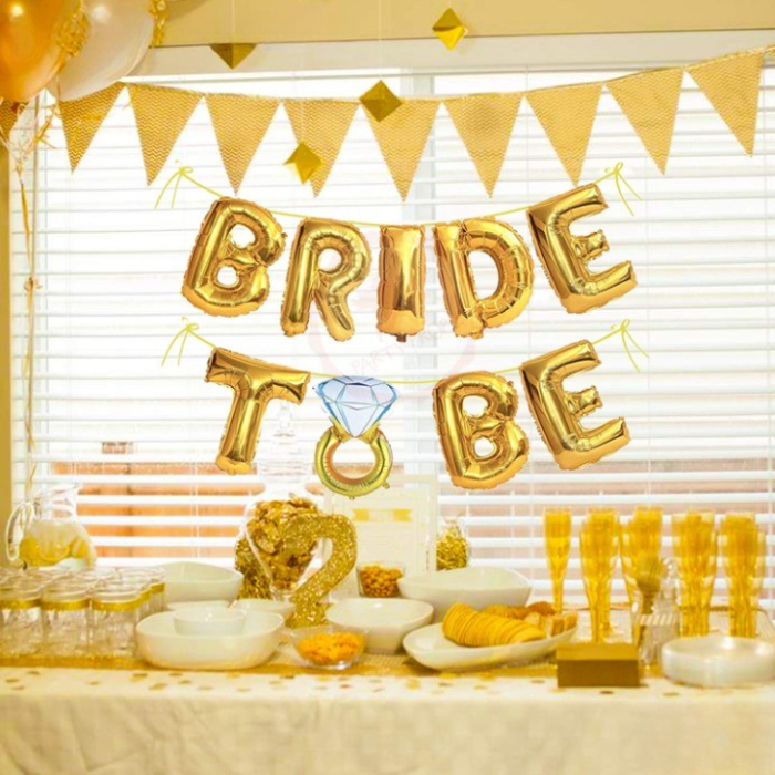 Set Baloane din Folie Metalizata, , Model Bride to Be cu Inel de Logodna, Litere de 40 cm, Baloane Party, Ambalaj Individual, Pai Inclus, Umflare cu Aer sau Heliu, Auriu [4]